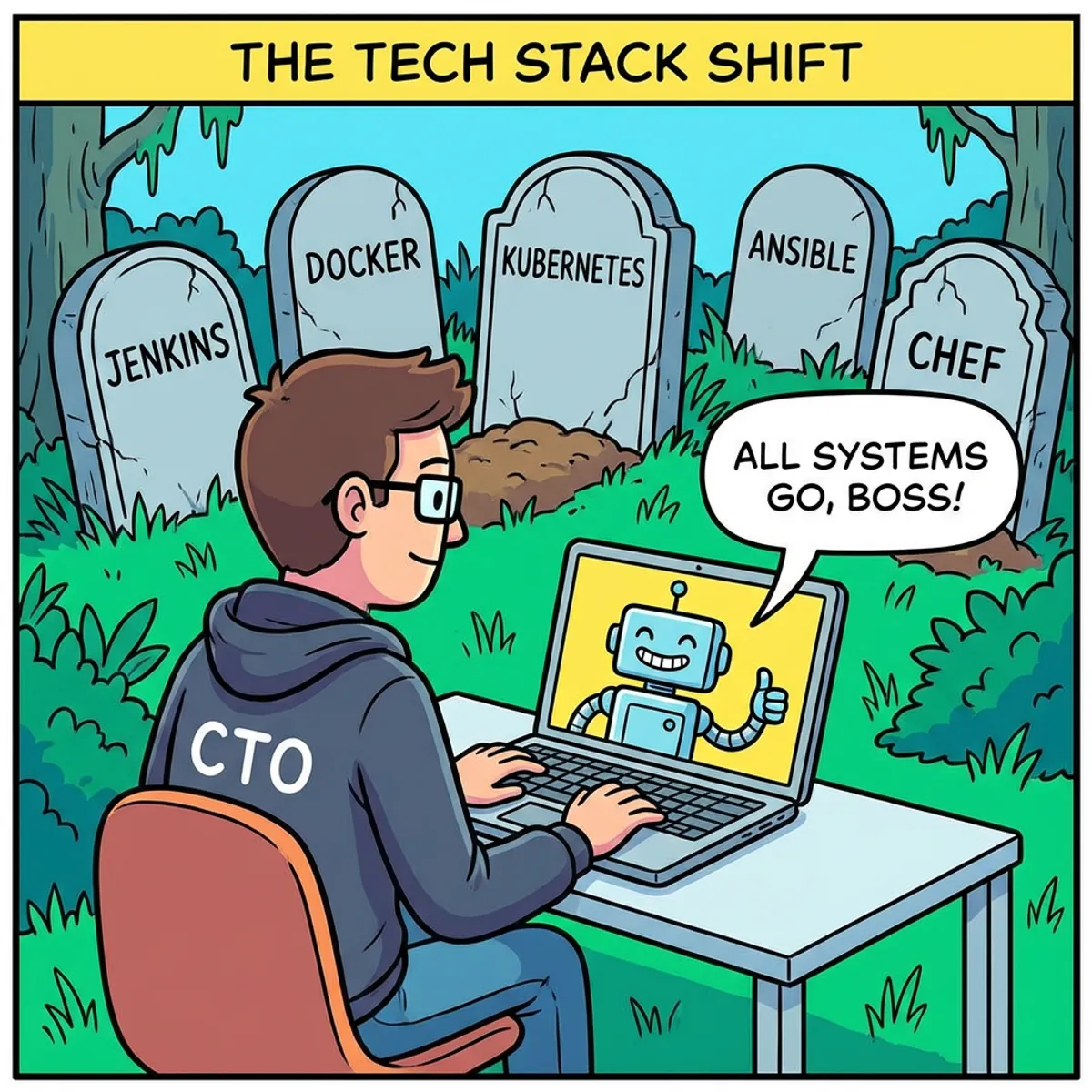 A CTO sits at a clean desk with just a laptop, while behind them a graveyard of DevOps tool logos fades into the background. ShellBot gives a thumbs up from the screen.