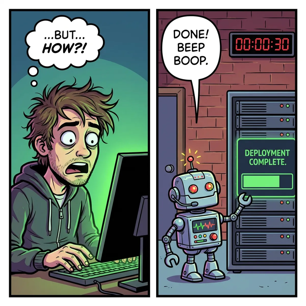 A developer stares at their terminal in disbelief as ShellBot deploys their app in seconds, while a clock on the wall shows only 30 seconds have passed.