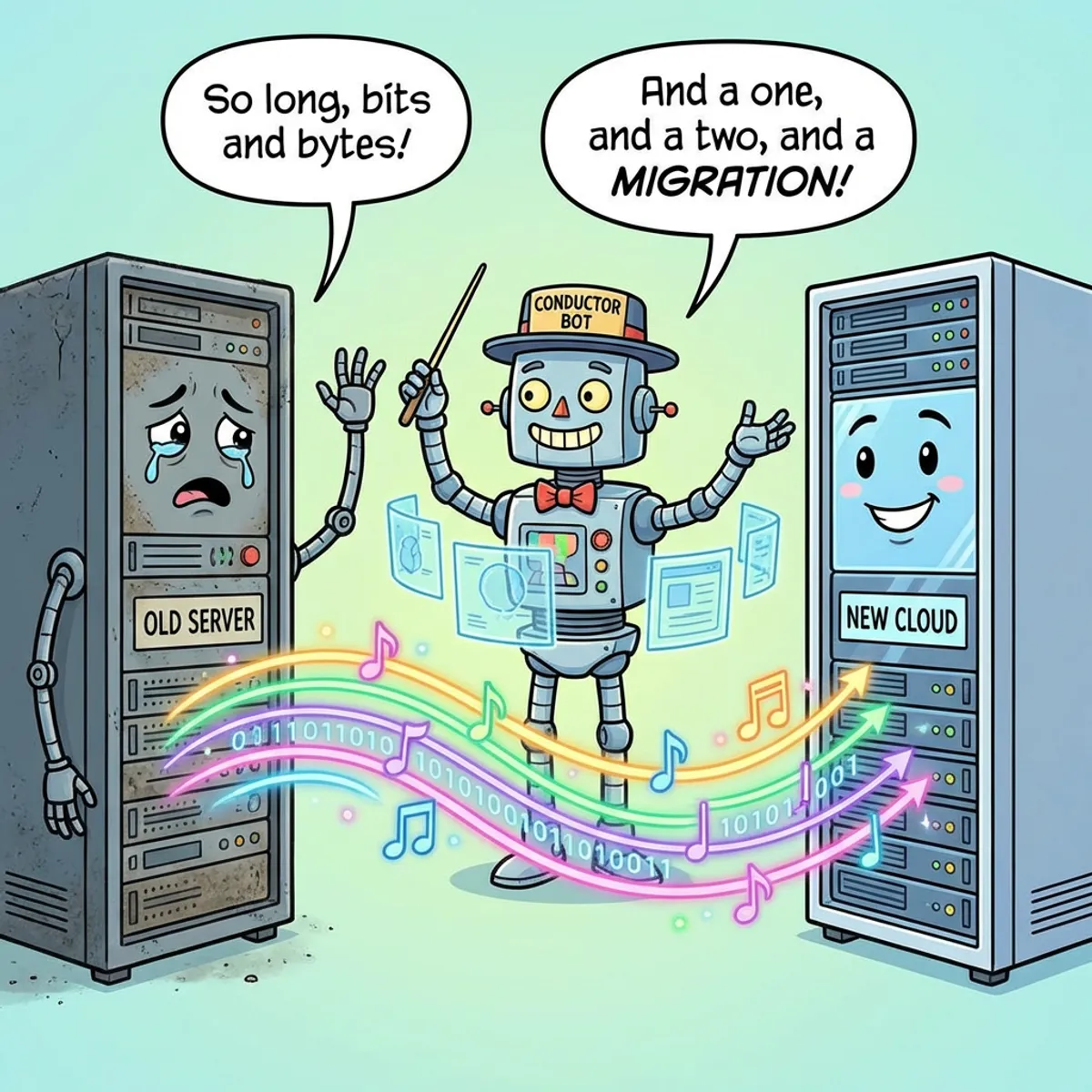 A server rack waves goodbye as data streams fly through the air to a shiny new server rack, while ShellBot conducts the transfer like an orchestra conductor.